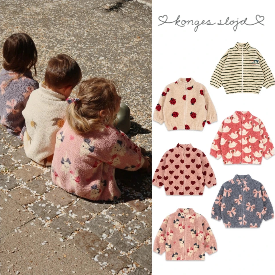 Konges Slojd Winter Baby Girls Lambswool Jackets Kids Clothes Girls Cartoon Kitten Swan Beetle Outerwear Boys Striped Coats 1-9Y